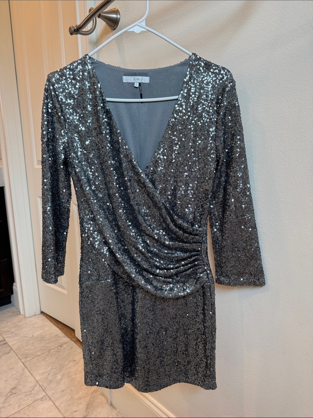 Fate Silver Sequin Faux-Wrap Mini Dress